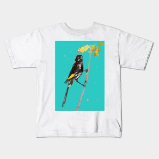 Australian Honeyeater Bird Painting - New Holland on Turquoise Kids T-Shirt